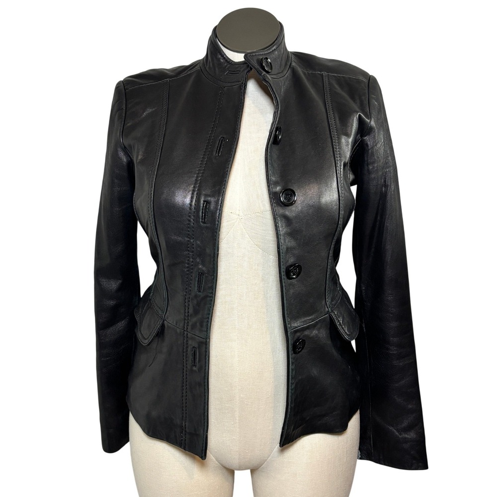 Jones New York Womens Black Genuine Leather Mock Neck Button Front Jacket Small